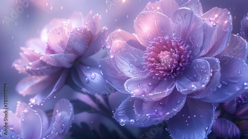 A beautiful pink flower is covered with dew drops photo