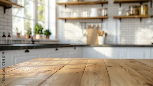 Modern Kitchen with Sunlit Wooden Table Top for Product Display and Cozy Contemporary Home Interior Design Featuring Bright and Airy Natural Wood Elements