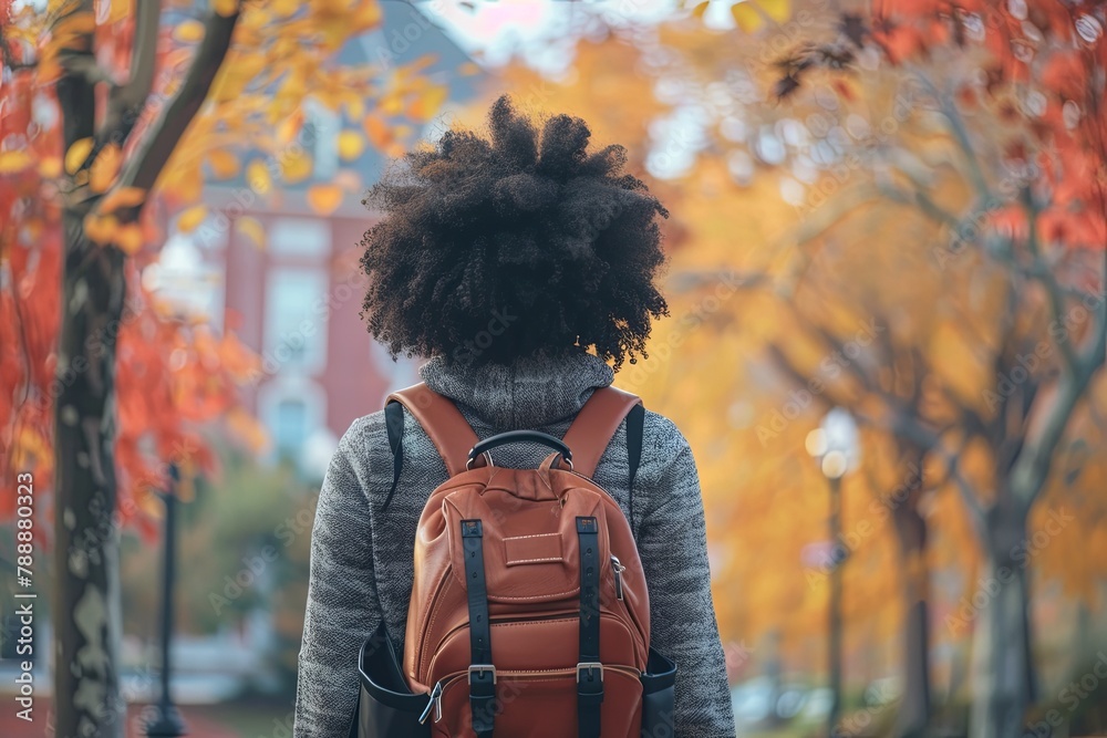 Back view of a black female student with backpack standing on college campus at fall