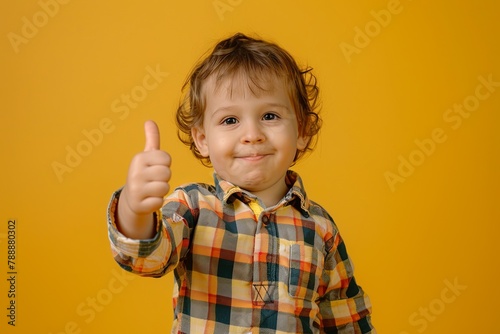 Toddler giving thumbs up on yellow background