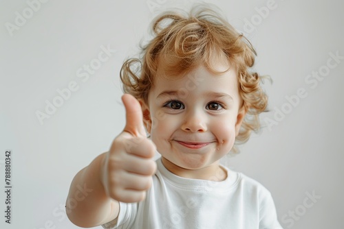 Toddler giving thumbs up on white background