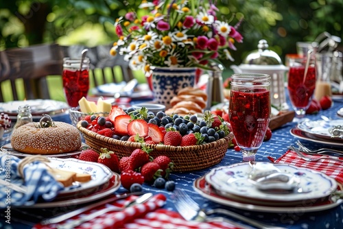 Outdoor breakfast on the table with American flag covering it on memorial day photo