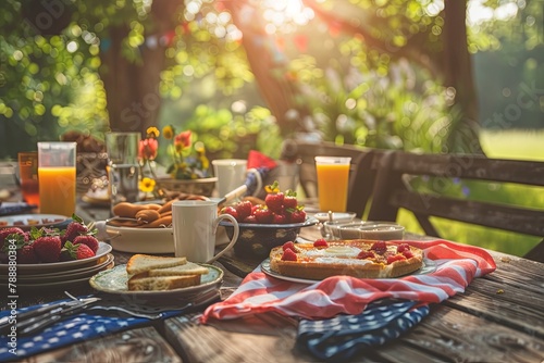 Outdoor breakfast on the table with American flag covering it on memorial day