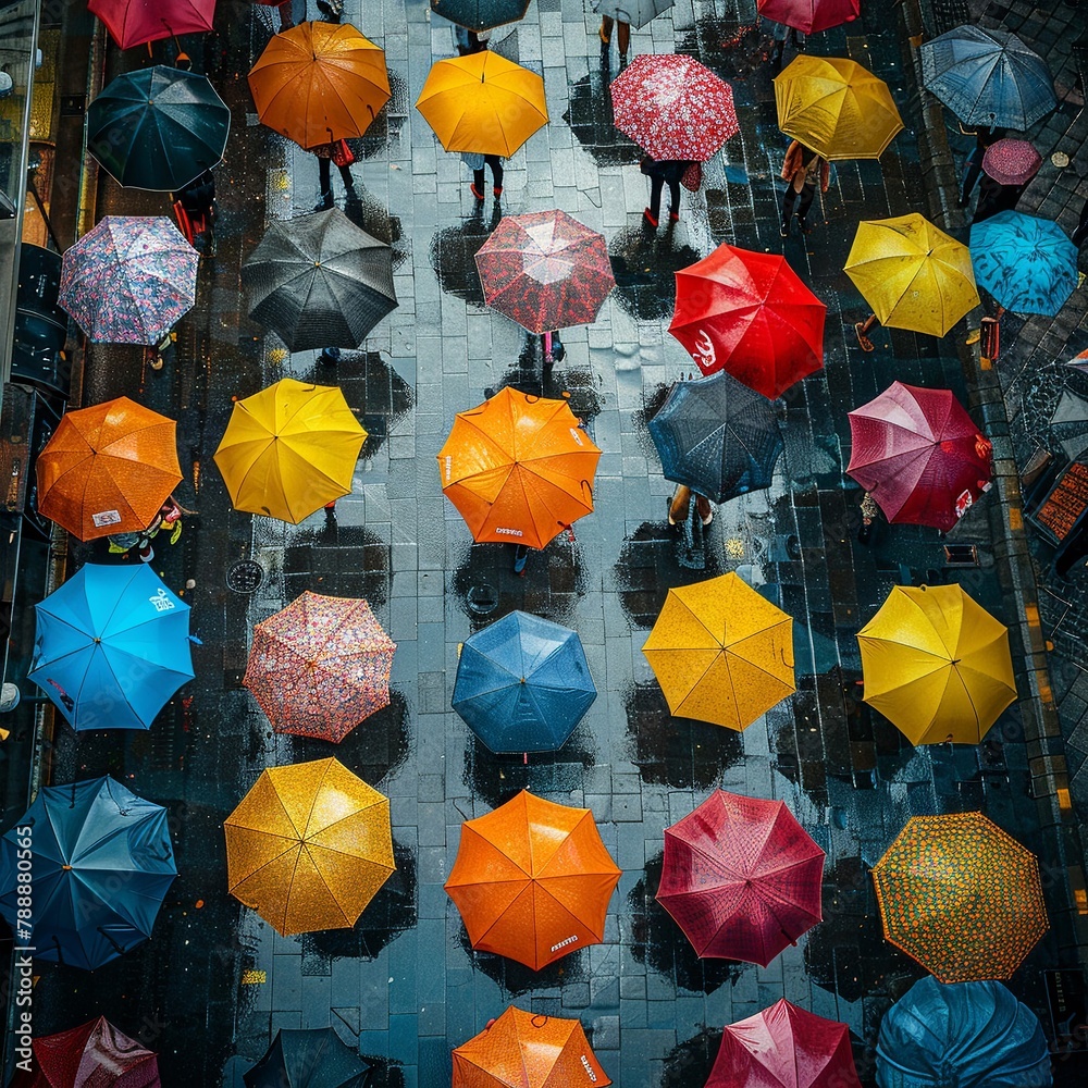 Fototapeta premium Design a striking image from a birdseye view, showcasing a vibrant city street filled with colorful umbrellas, capturing the essence of a rainy day, Frontal view , mid body shot