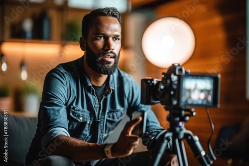 Candid image of a man recording a video podcast or YouTube video. He's speaking into the camera, illustrating the spontaneity and authenticity of contemporary digital communication, Generative AI  photo