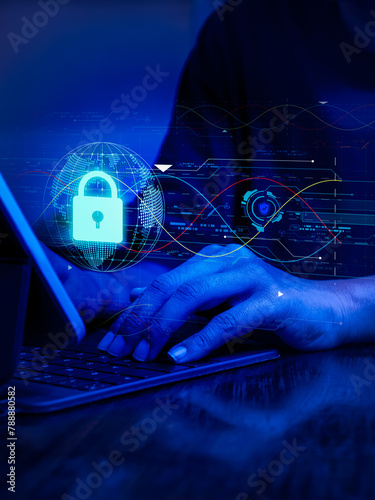 Cybersecure, worldwide internet network security technology, privacy digital data protection concepts. Safety shield lock icon hologram appears while business person work with digital tablet computer.
