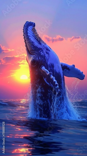 Majestic blue whale leaping at sunset, vivid colors in serene ocean, lifesized detail, ultrarealistic texture , 3DCG photo