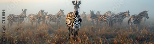 Striking zebra herd in misty morning  black and white stripes contrast with dewy grass  soft focus   hyper realistic
