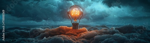Unique perspective of a glowing light bulb under a storm, illustrated by a skilled artist to emphasize surrealism and awe , high resolution dslr