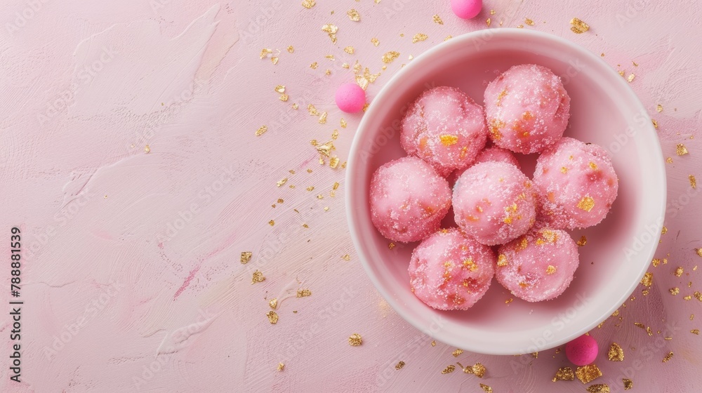 Elegant display of pink rasgullas with gold accents on pastel background, embodying Holi's minimalism Elegant display of pink rasgullas with gold accents on pastel background, embodying Holi's minimalism
