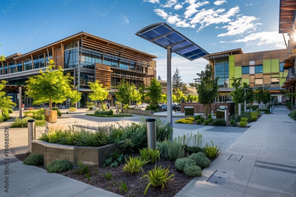 A sustainable mixed-use development incorporating green building practices, renewable energy sources, and smart technology solutions, Generative AI