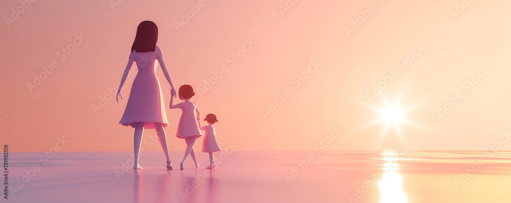 Cute mother walking holding hands with children daughters sunset background mother's day family love copy space illustration Cute mother walking holding hands with children daughters sunset background mother's day family love copy space illustration