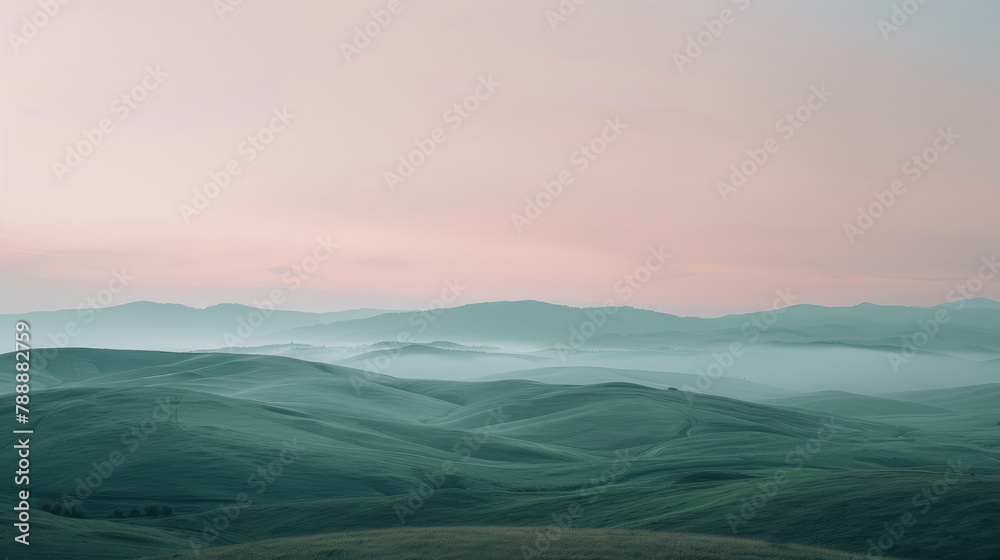 Fototapeta premium Expansive pastel dawn over gentle rolling hills in a surreal fantasy landscape panoramic view