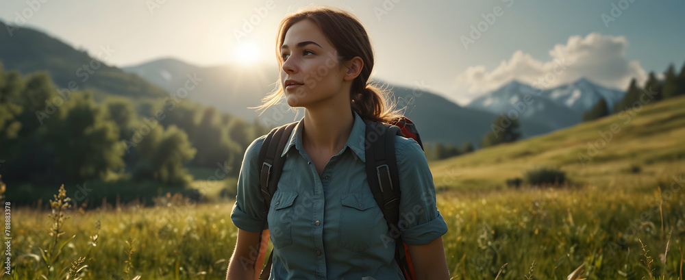 Nature's Muse: 3D Meadow Icon Inspires Backpacker in Sunlit Meadow - Stock Photo Concept