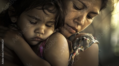 A tearful embrace between a mother and her young child conveys the deep sacrifice of a loved ones absence framed in a soft and melancholic light. . photo