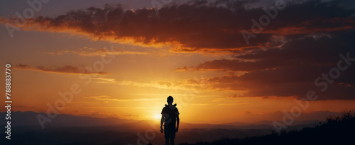 Exhilarating Adventure Awaits! Backpacker Silhouette Embracing the Spirit of Exploration at Vibrant Sunset - Natural Photo Stock Concept