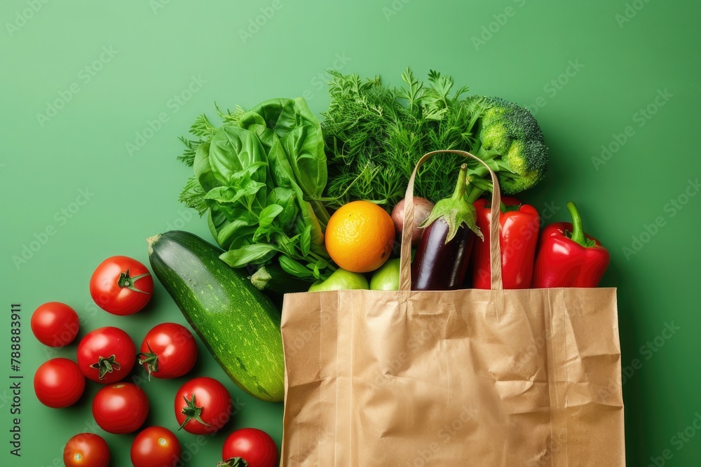 Paper bag full of fresh organic vegetables on green background. Healthy food shopping concept Paper bag full of fresh organic vegetables on green background. Healthy food shopping concept