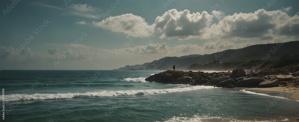 Coastal Call: A Backpacker's Exposure to the Dance of Sea and Sky - Natural Wonder Stock Photo Concept