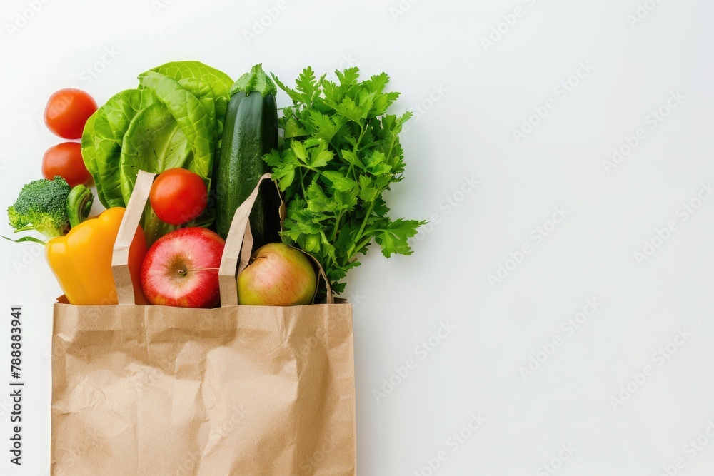 Paper bag full of fresh organic vegetables on white background. Healthy food shopping concept Paper bag full of fresh organic vegetables on white background. Healthy food shopping concept