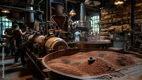 A bustling coffee roaster with workers sorting, roasting, and packing coffee beans.