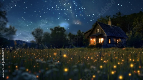 A quaint cottage on the edge of a peaceful meadow where guests can drift off to sleep surrounded by the sights and sounds of nature under a blanket of stars. 2d flat cartoon.