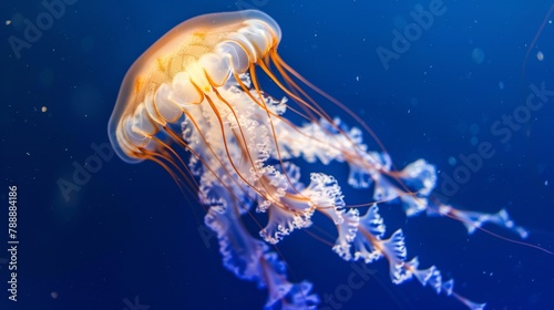 Tranquil Underwater Scene with Captivating Jellyfish and Polarized Effect.