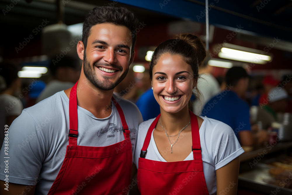 Smiling entrepreneurs in their establishment, dressed in colorful uniforms