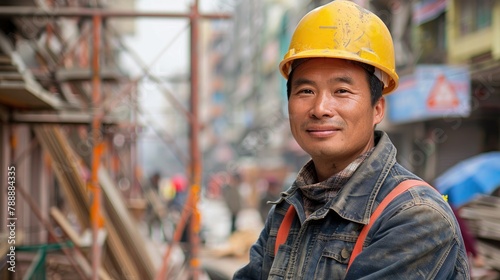 An Asian carpenter stands proudly flashing a bright smile in front of the bustling construction site photo