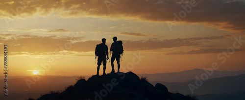 New Beginnings: Joyful Backpacker Silhouette Against Mountain Horizon at Sunrise - Nature Photo Stock