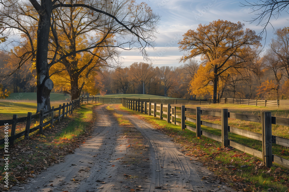 Rustic Autumn Farm Scene with Winding Dirt Road