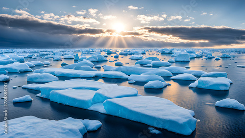 Icelandic seaside scenery, glaciers and icebergs, reflecting sunlight on the sea surface, magnificent Arctic scenery