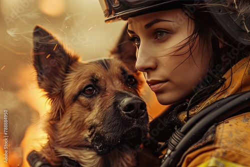 A rescue girl and a shepherd dog rescued from a fire.