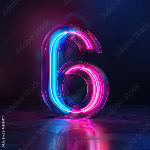 3D design of the number "6" the best digital symbol, glowing in the dark, pink blue neon light. Abstract cosmic vibrant color digit neon glow. Glowing neon lighting on dark background