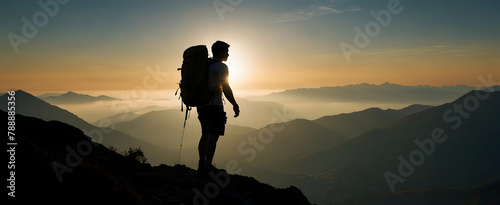 Backpacker Silhouette Sharing Summit Stories Against Setting Sun in Natural Exposure - Stock Photo Concept for Adobe