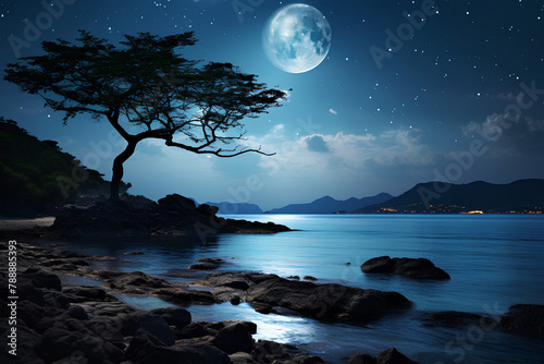 Romantic and beautiful panorama with full moon on the beach until evening