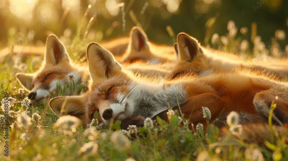Naklejka premium A fox family luxuriates in the warm sun their thick fur glistening as they roll playfully in a nearby meadow dotted with wild berry bushes. .