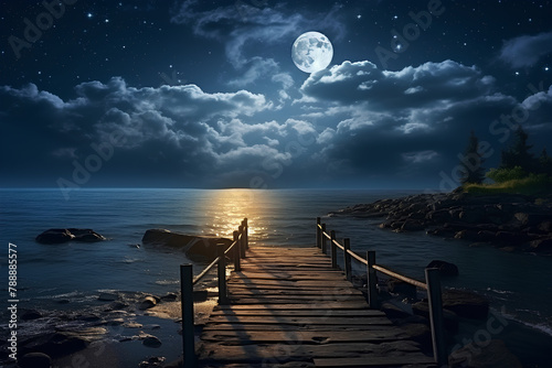 Romantic and beautiful panorama with full moon on the beach until evening photo