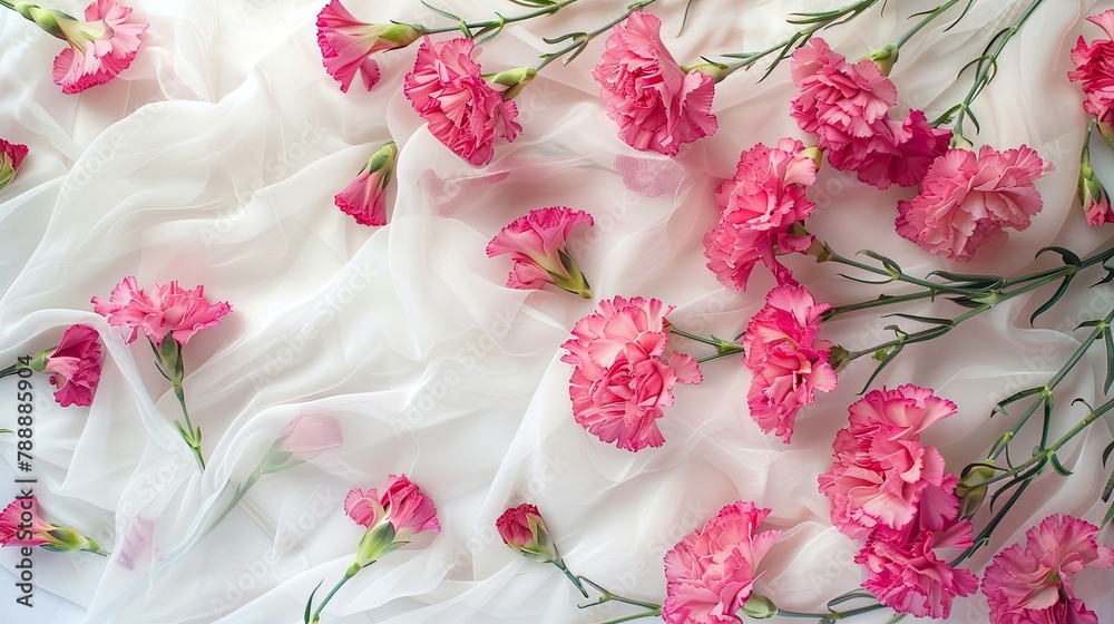 A delightful array of vibrant pink carnations resting on a delicate light tablecloth in a horizontal format These stunning spring blooms have been artistically cut creating a charming Mothe A delightful array of vibrant pink carnations resting on a delicate light tablecloth in a horizontal format These stunning spring blooms have been artistically cut creating a charming Mothe