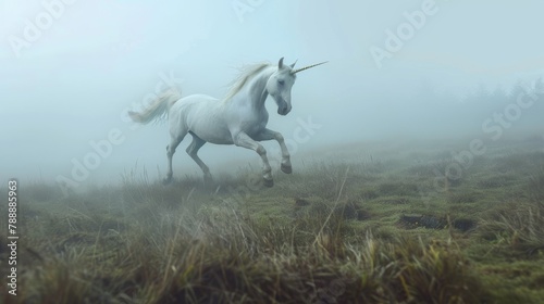 Ethereal High Angle Shot of White Unicorn in Mystical Foggy Meadow.