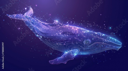 Blue whale in the form of a starry sky or space, consisting of points, lines, and shapes in the form of planets, stars and the universe. AI generated