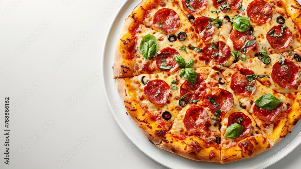 Delicious Pepperoni Pizza with Fresh Toppings on a White Plate Delicious Pepperoni Pizza with Fresh Toppings on a White Plate