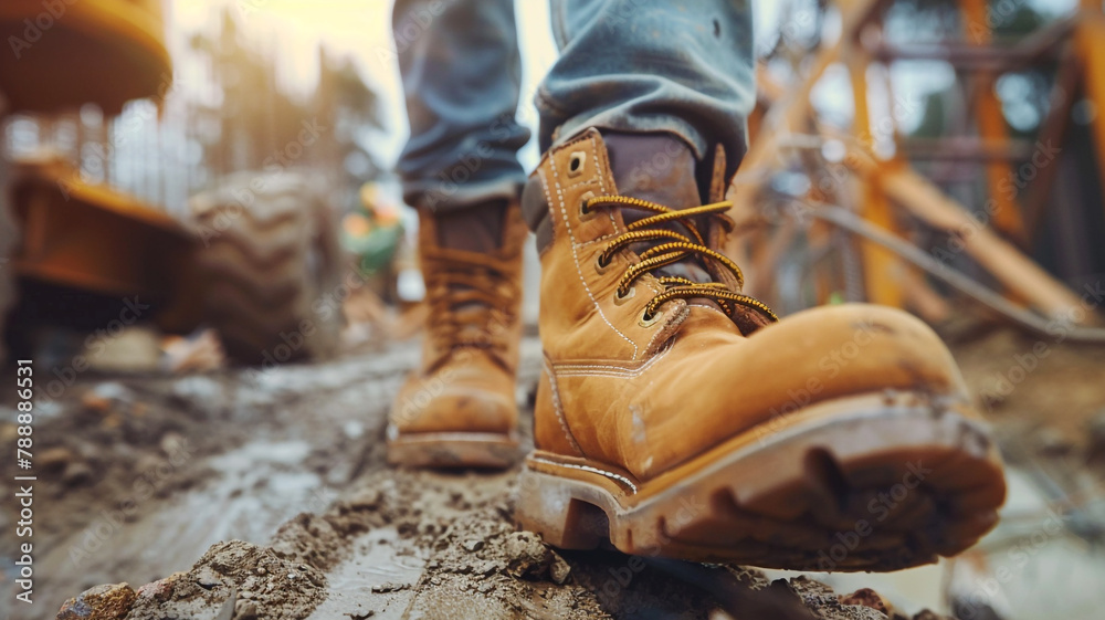 Construction worker boots at a industrial job site