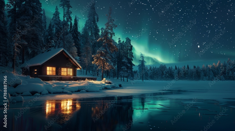 A secluded cabin on the edge of a frozen lake offering a magical view of the Aurora Borealis reflected in the glimmering water. 2d flat cartoon. A secluded cabin on the edge of a frozen lake offering a magical view of the Aurora Borealis reflected in the glimmering water. 2d flat cartoon.