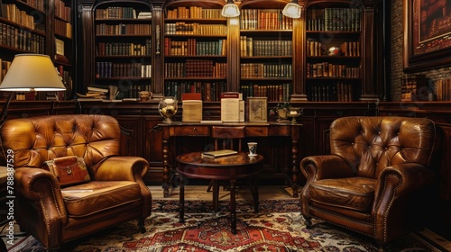 Vintage coffee shop with leather chairs, Persian rugs and shelves lined with old books.