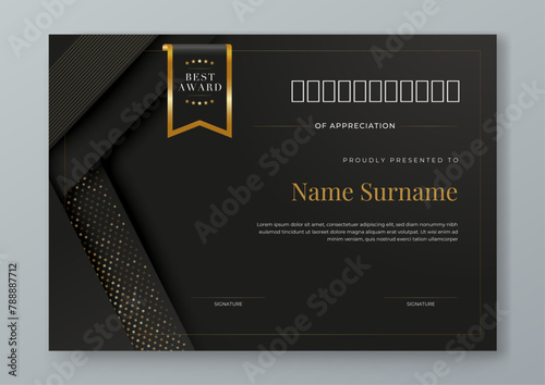 Black and gold certificate of appreciation border template with luxury badge and modern line and shapes. Certificate of achievement, awards diploma, education, school