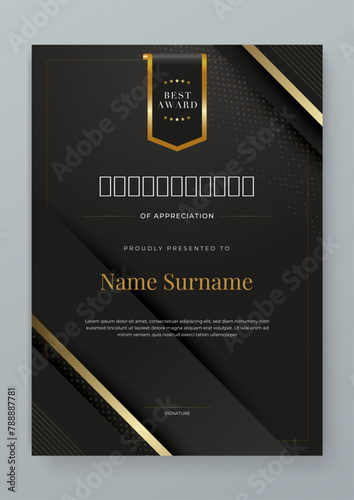 Black and gold certificate of corporate luxury and modern template. For corporate, achievement, diploma, award, graduation, completion, appreciation, acknowledgement, recognition etc