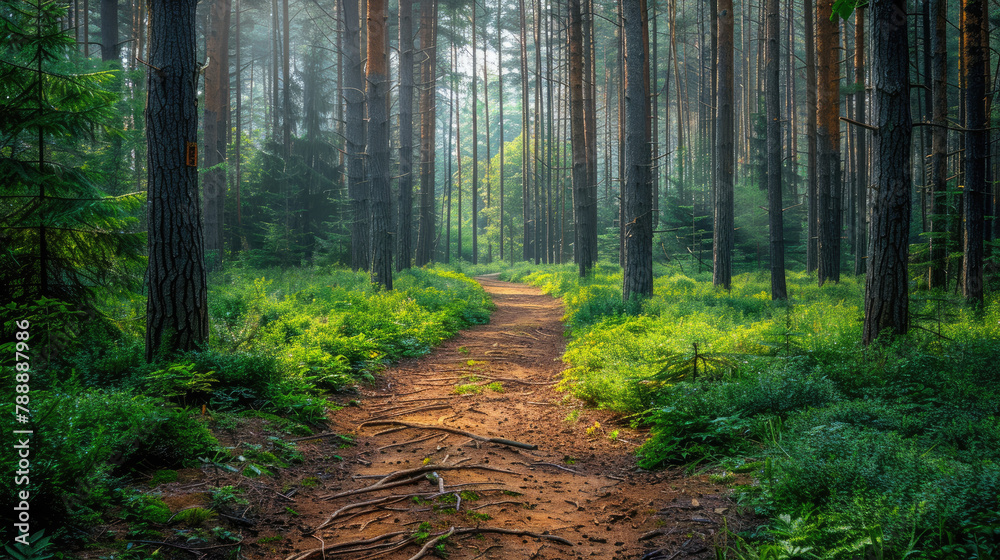 Obraz premium Serene forest path in summer. Green forest and forest trail 