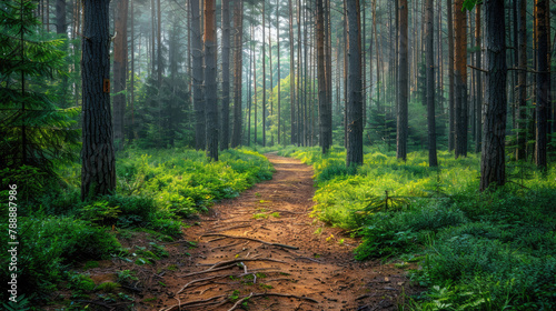 Serene forest path in summer. Green forest and forest trail 