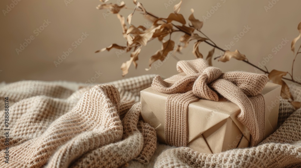 A beautifully presented gift box is adorned with eco friendly wrapping paper tied with ribbons resting on a cozy wool scarf against a neutral beige backdrop This elegant setup captures the A beautifully presented gift box is adorned with eco friendly wrapping paper tied with ribbons resting on a cozy wool scarf against a neutral beige backdrop This elegant setup captures the