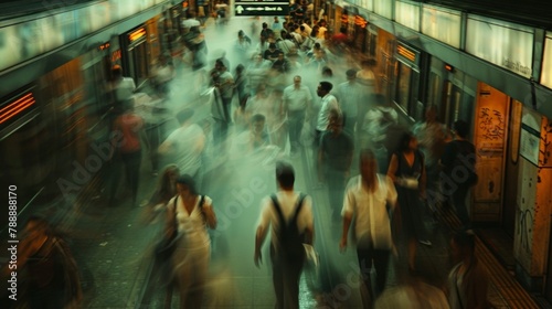 Muted and hazy image of a crowded subway station highlighting the constant movement and expansion of city populations often at the expense of natural landscapes. .